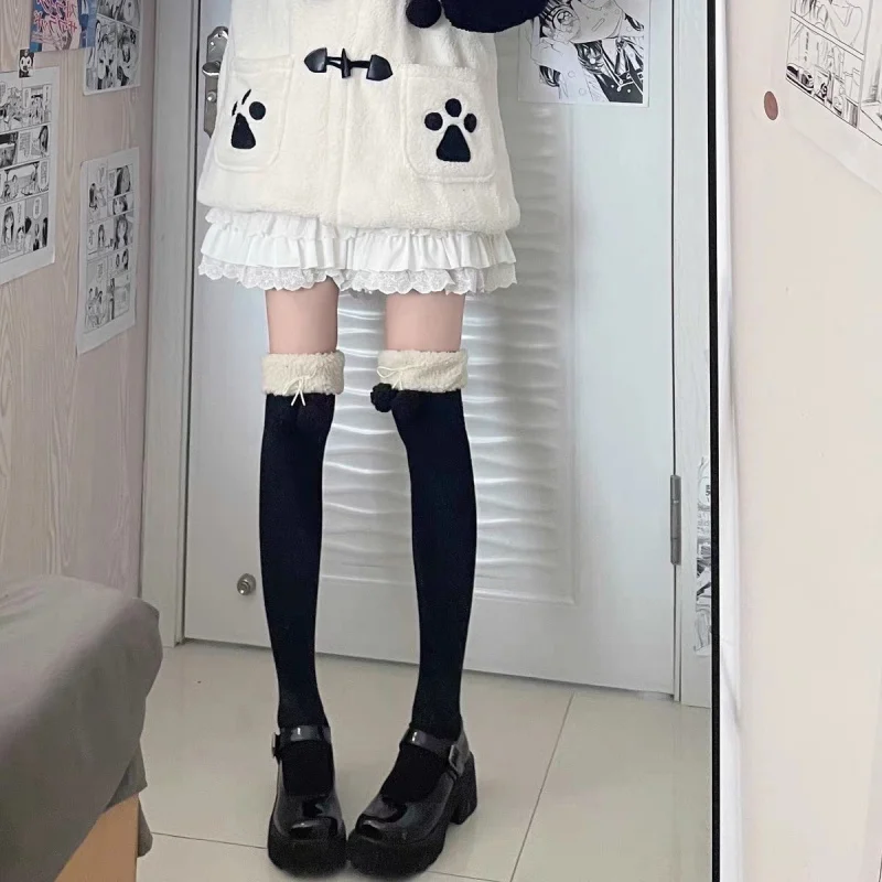 

Japanese Sweet Style High Tube Socks Fleece Cotton Vertical Stripes Slimming Base Over-the-Knee Long Tube Socks Lamb Wool Pom-Po