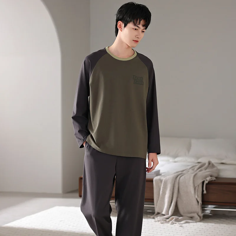 한국 젊은 남성 잠옷 코튼 크루 넥 스트라이프 긴팔 바지 캐주얼 대형 루즈 청소년 Loungewear 정장 잠옷