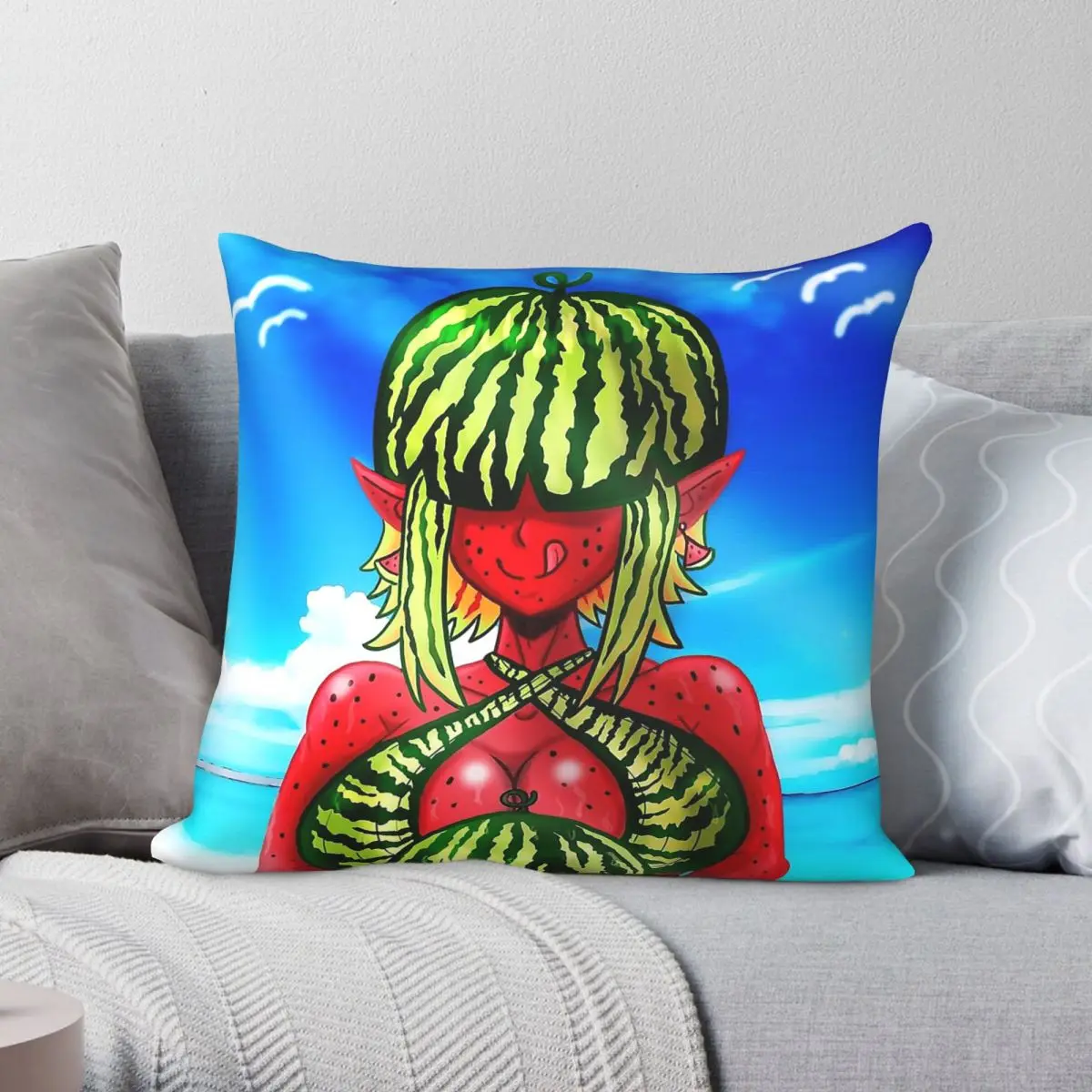 Watermelon Waifu Square Pillowcase Polyester Linen Velvet Printed Zip Decorative Sofa Cushion Cover 45x45