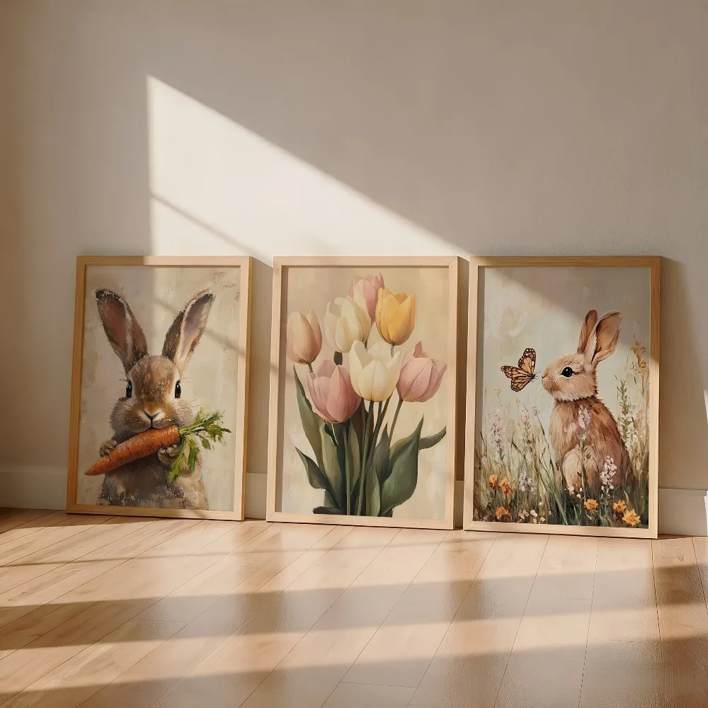 3pcs frameless Canvas Painting  Frameless Easter Bunny and Lily Wall Art, Retro Spring Flower Painting, Cute and Lily Plant Post