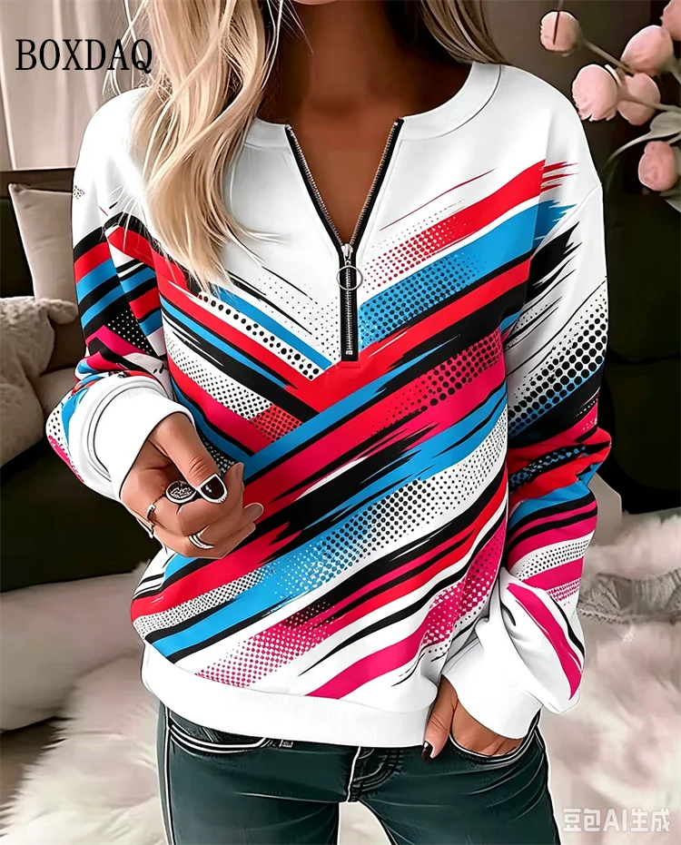 Autumn Winter Striped Abstract Print Sweatshirt Women Casual Long Sleeve V-Neck Zipper Blouse Women Fashion Pullover Loose Shirt