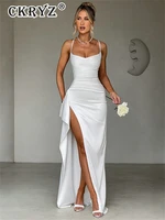 Vestido de fiesta de noche a la moda de satén de verano para mujer, vestido largo sin mangas con espalda descubierta y abertura lateral, ropa para discoteca de cumpleaños para mujer