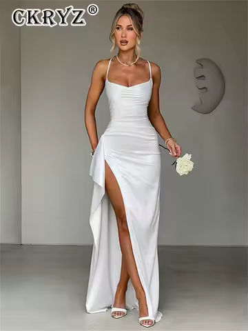 Ladies Summer Satin Fashion Evening Party Dress Women Sleeveless Backless Side Slit Long Dress Birthday Clubwear Woman Clothes