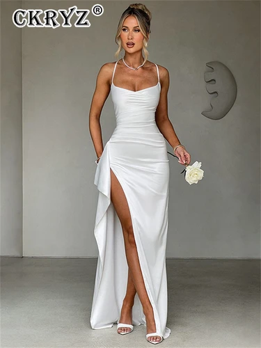 Vestido de fiesta de noche a la moda de satén de verano para mujer, vestido largo sin mangas con espalda descubierta y abertura lateral, ropa para discoteca de cumpleaños para mujer