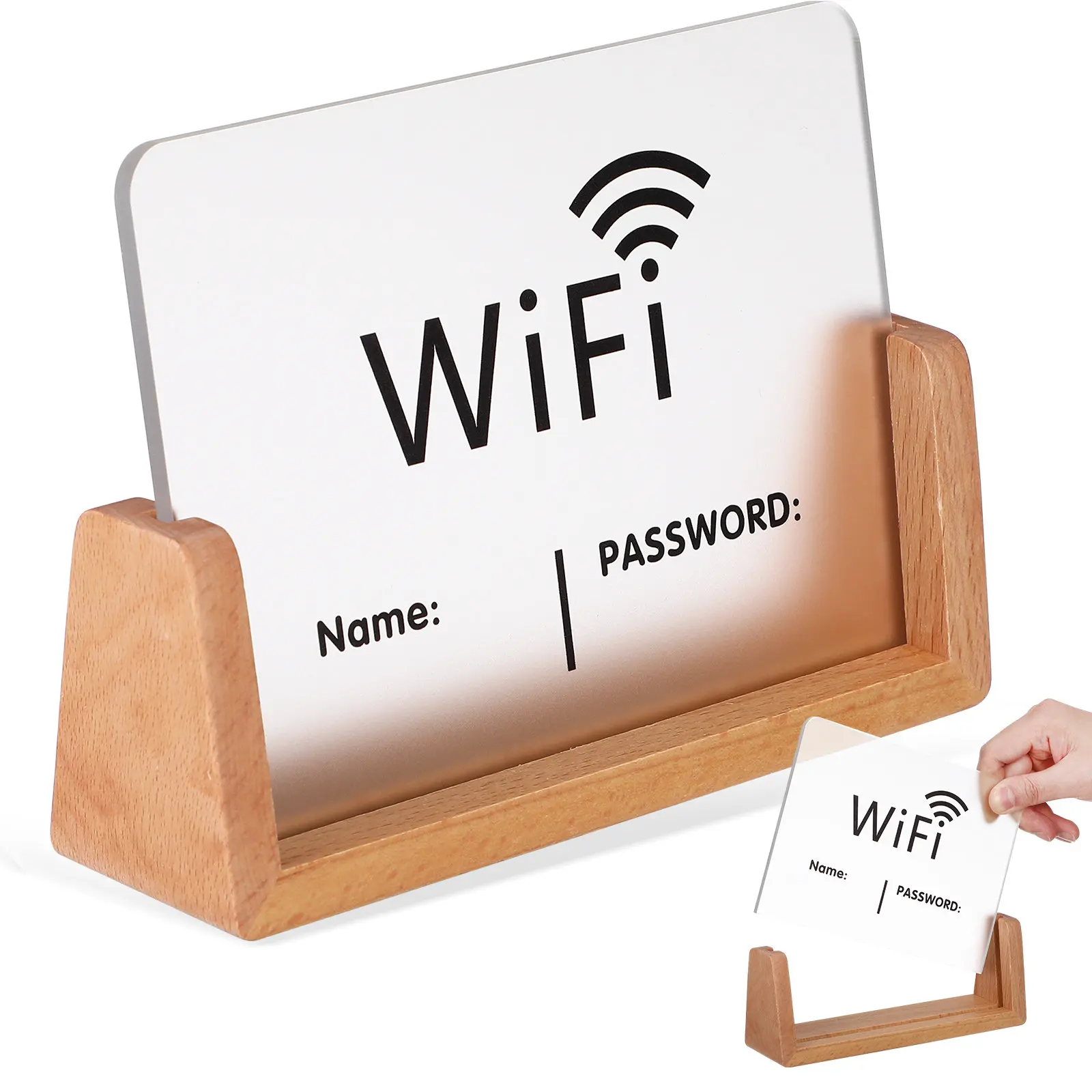 Desk WiFi Password Sign Acrylic Transparent Board Mounted on Premium Wooden Stand Easy Guest Connectivity Professional Tabletop