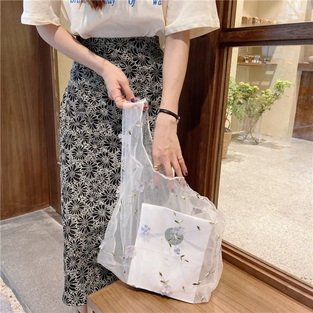 Large Capacity Transparent Handbag Simple Flower Cloth Embroidery Bag Mesh Storage Bag Shopping Bag Travel