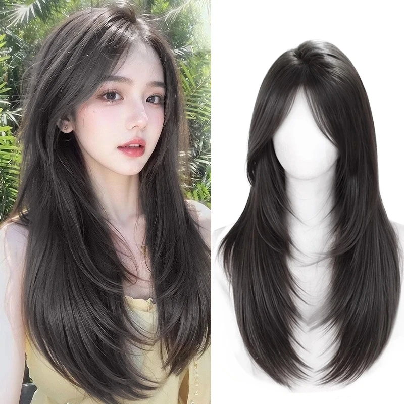 

24-дюймовые длинные женские парики, прямые черные волосы, парик с челкой, длинные волосы с высокими слоями, подходят для женщин, для повседневного использования на вечеринке