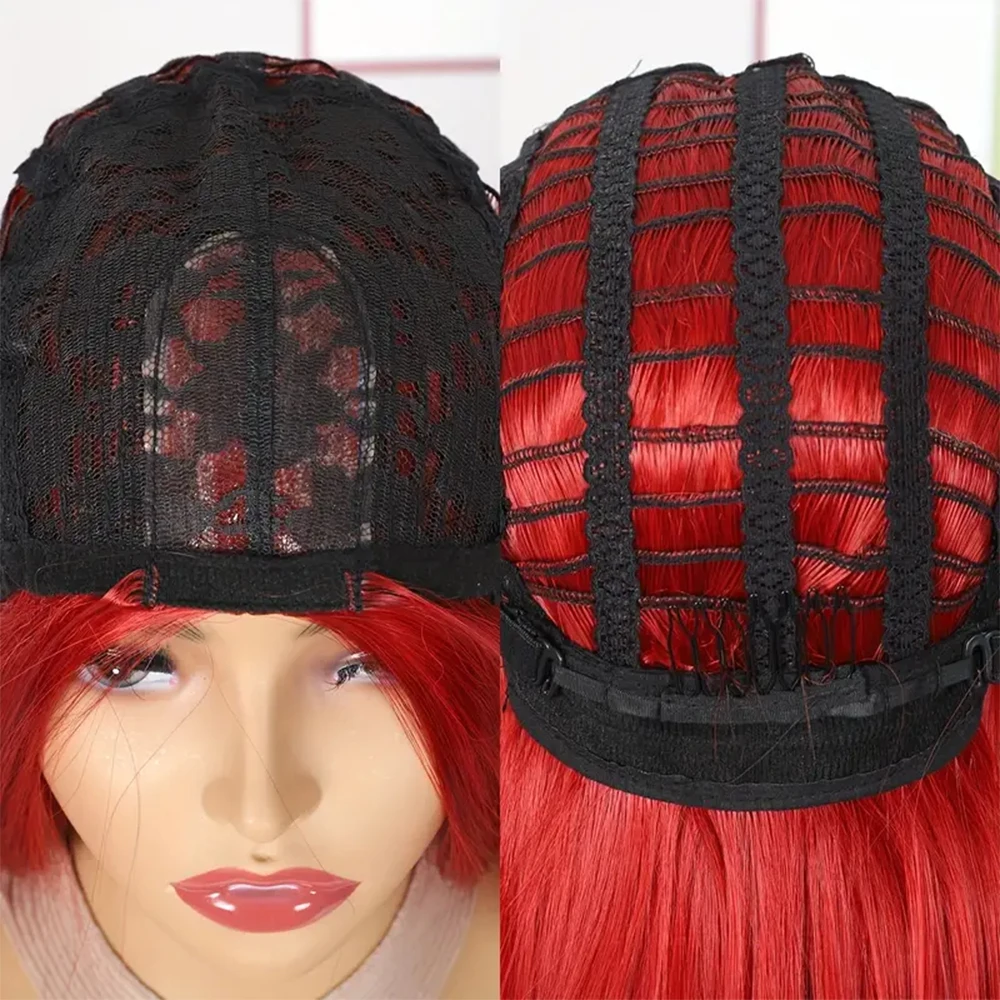 70cm long Silk bone Straight Red Synthetic wigs Middle Part bangs Rose Net Cap Pre Plucked DIY Cosplay halloween Party women wig