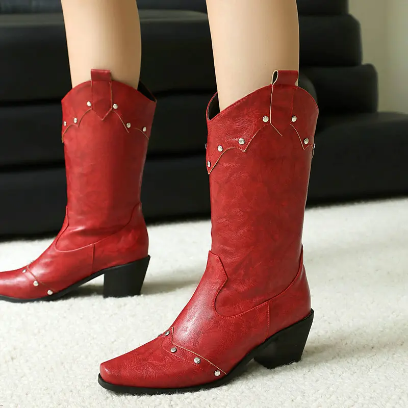 Extra Big Size 47 48 49 50 Western Cowboy Boots Chunky High Heels Burgundy Wine Red Brown Mid-calf Women's Winter Warm Shoes