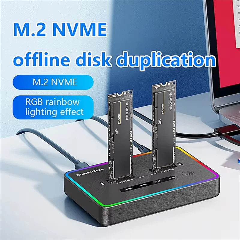 

Blueendless Dual-Bay M.2 NVME SSD Docking Station RGB USB C Type C Offline Cloner Duplicator Nvme PCIE Enclosure