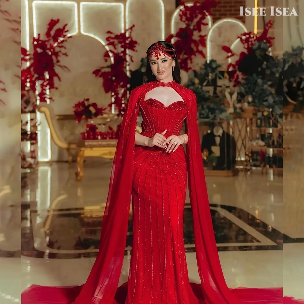 비즈 이브닝 드레스 여성 케이프 슬리브 두바이 فساتين سهرة 크리스탈 Bodycon 미인 대회 드레스 파티 가운 맞춤형