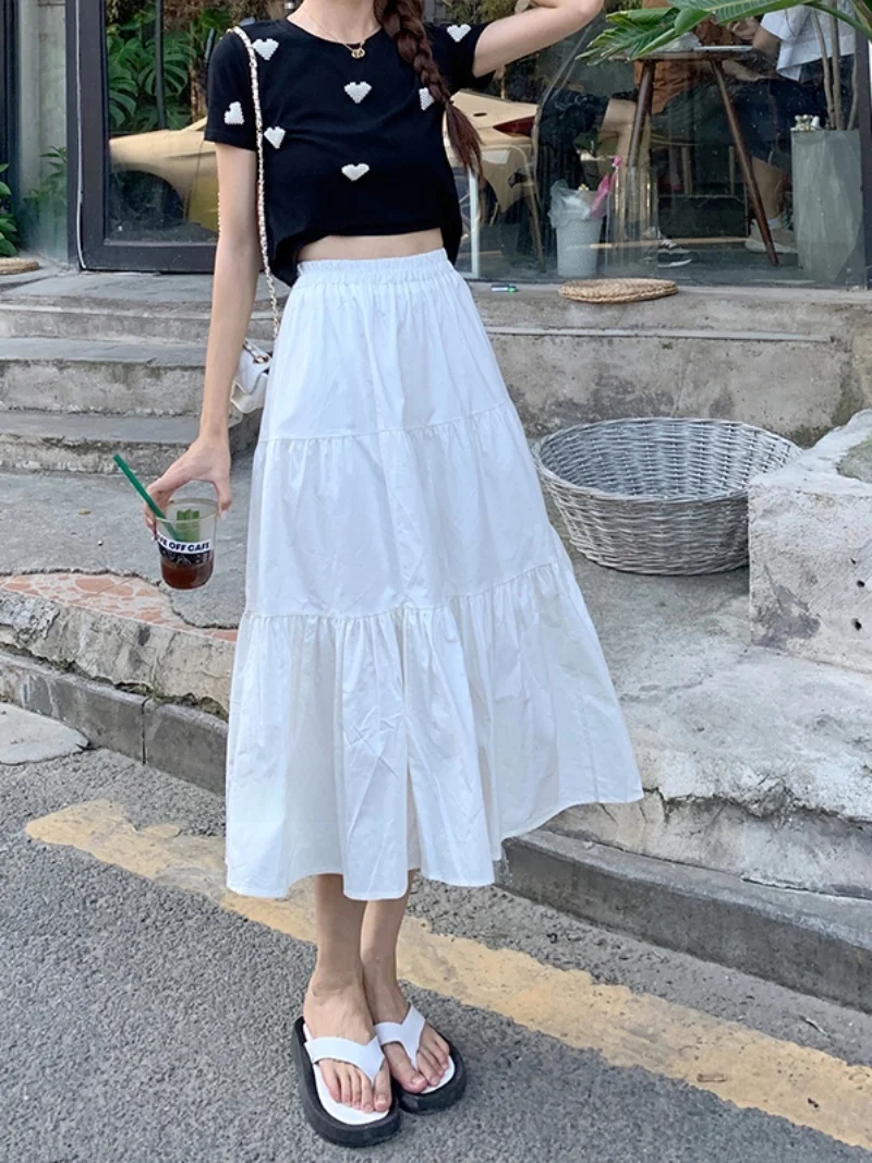 

Белая юбка миди А-силуэта женская летняя новая, с завышенной талией, однотонная, для офиса, в корейском стиле, многослойная, модная, средней длины