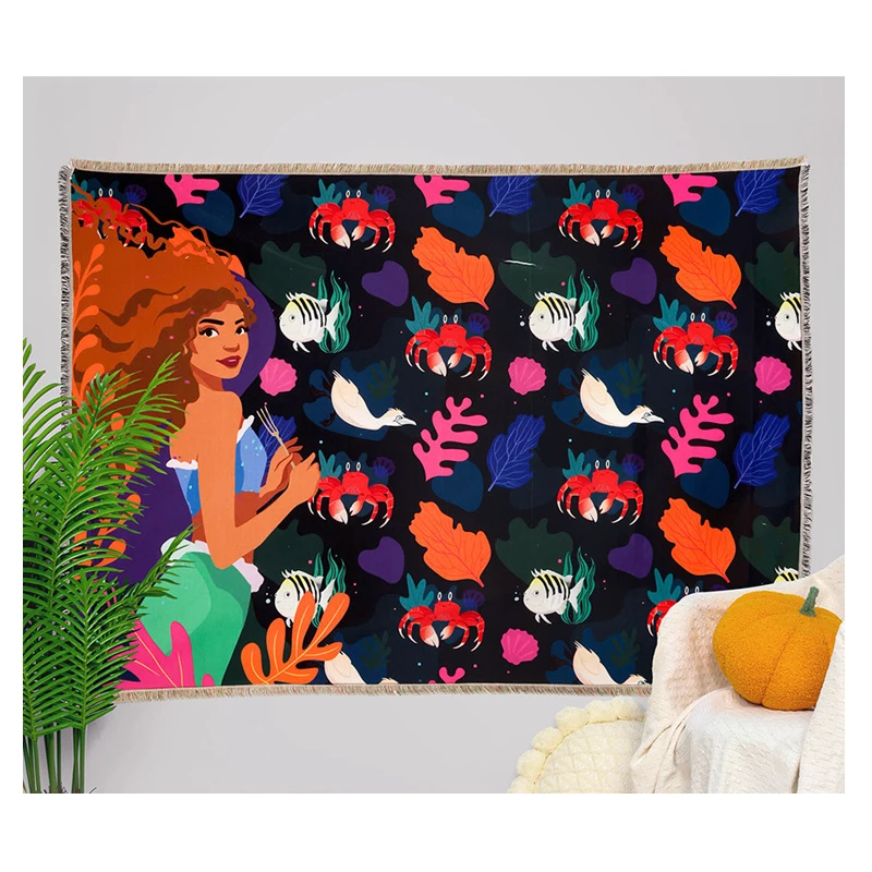 

Reversible Woven Cotton Bohemian Tapestry Hippie Room Decor Blanket Mermaid and Fish Home Decorative Blanket for Travel Picnic