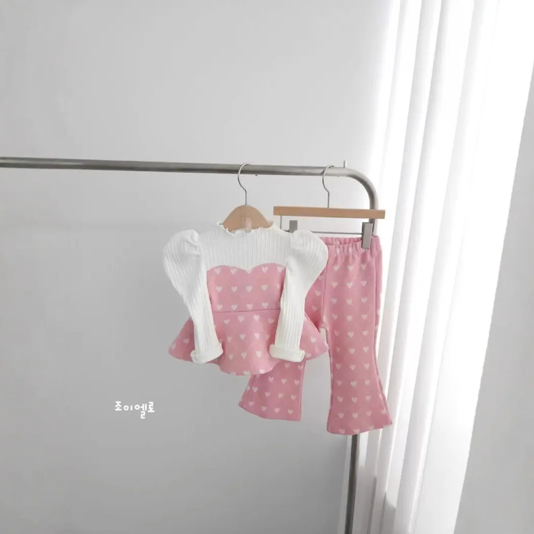 Girls' Set Spring Autumn Fashion Baby's Sets Autumn Love Printed Bubble Sleeve Casual Girls Clothes Two Piece Set
