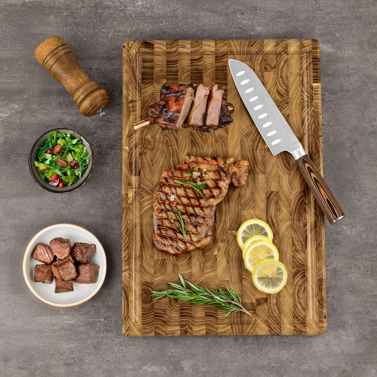 High-End Extra Large Thick Heavy Duty Teak End Grain Cutting Boards for Kitchen, Large Wood Chopping Board with Hidden Handles