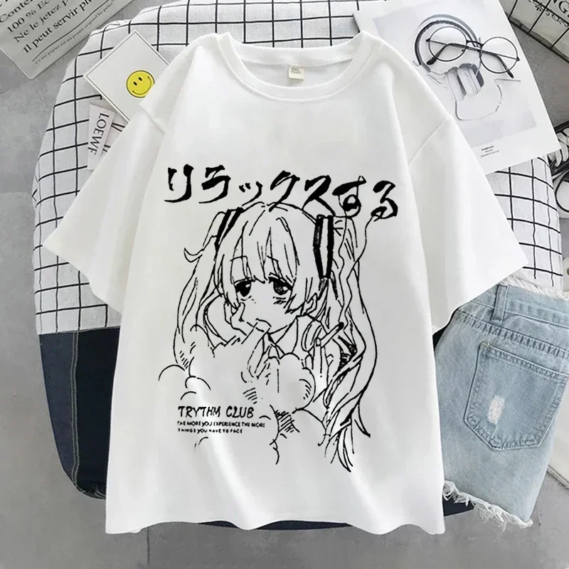 Harajuku Anime Print camiseta de manga curta feminina, top extragrande, roupas gráficas, kawaii, Y2K