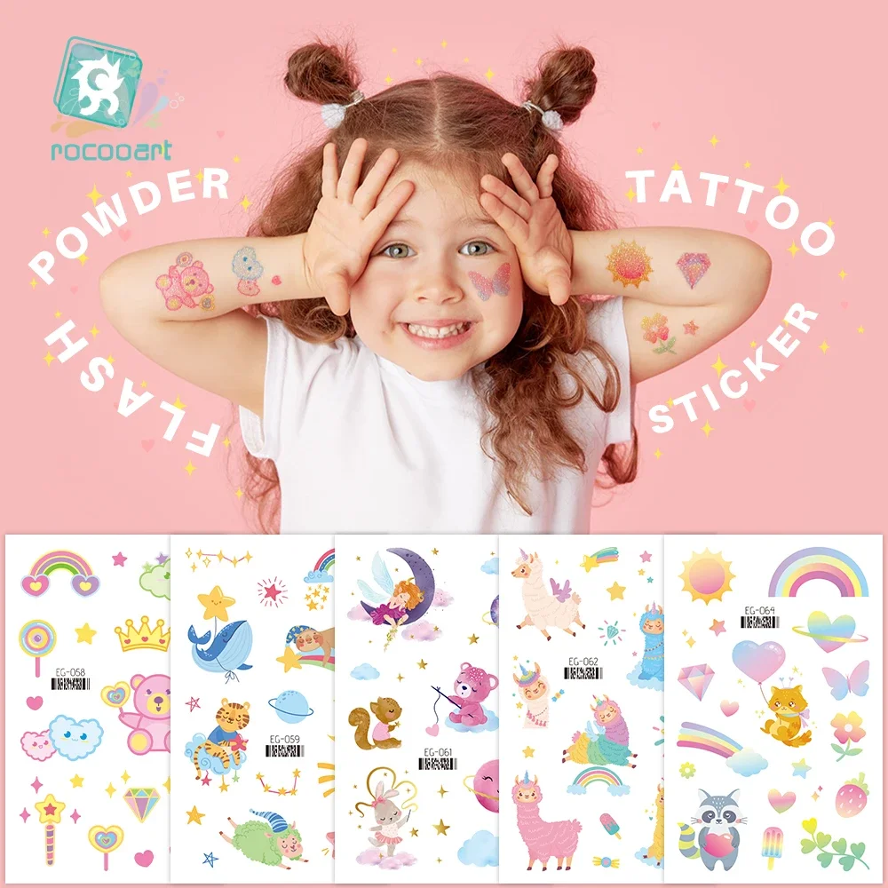 Rocooart Glitter Animal Flamingo Tattoo Sticker For Children Birthday Gift Bling Princess Cartoon Waterproof Temporary Tattoos