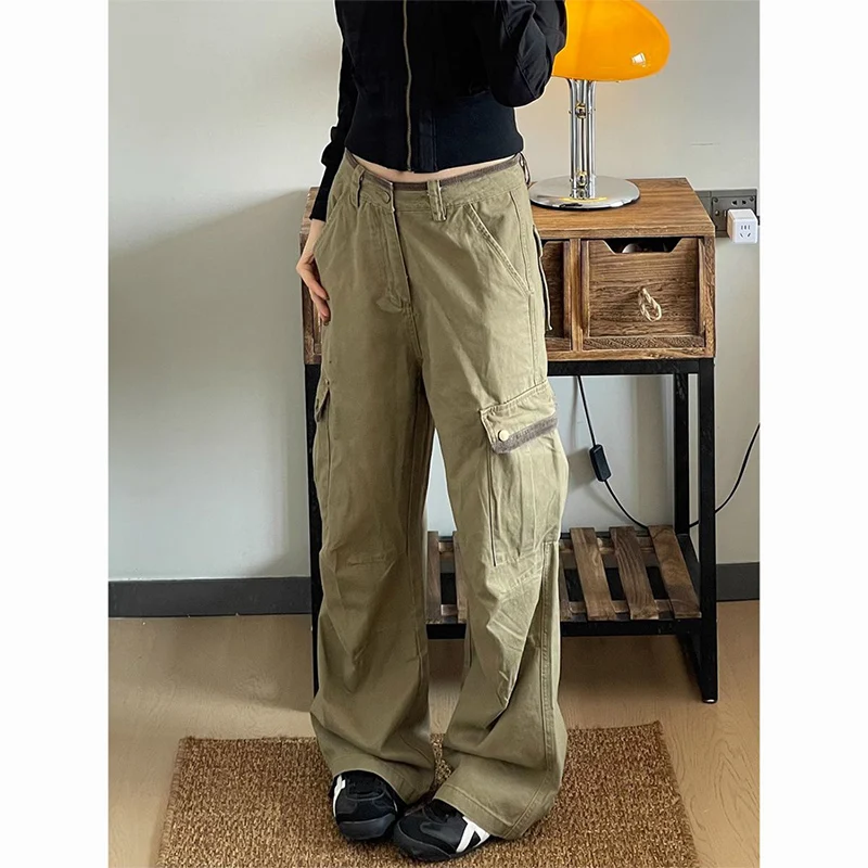 Novo baggy cáqui calças de carga moda feminina multi bolsos drape perna larga jeans mulher outono inverno japonês rua calças femininas