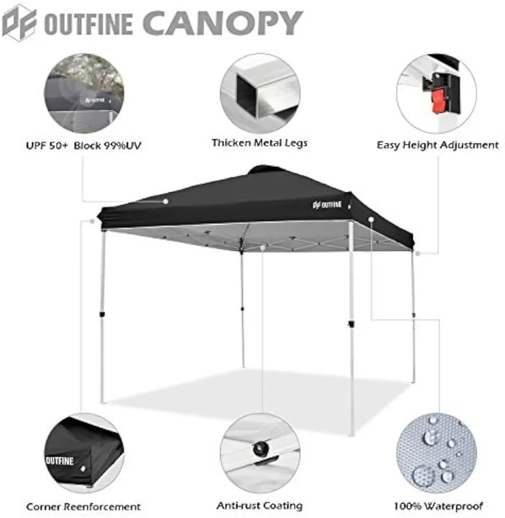 OUTFINE Pop-up Canopy 10x10 Patio Tent Instant Gazebo Canopy with Wheeled Bag,Canopy Sandbags x4,Tent Stakesx8 (Black, 10 *10FT)