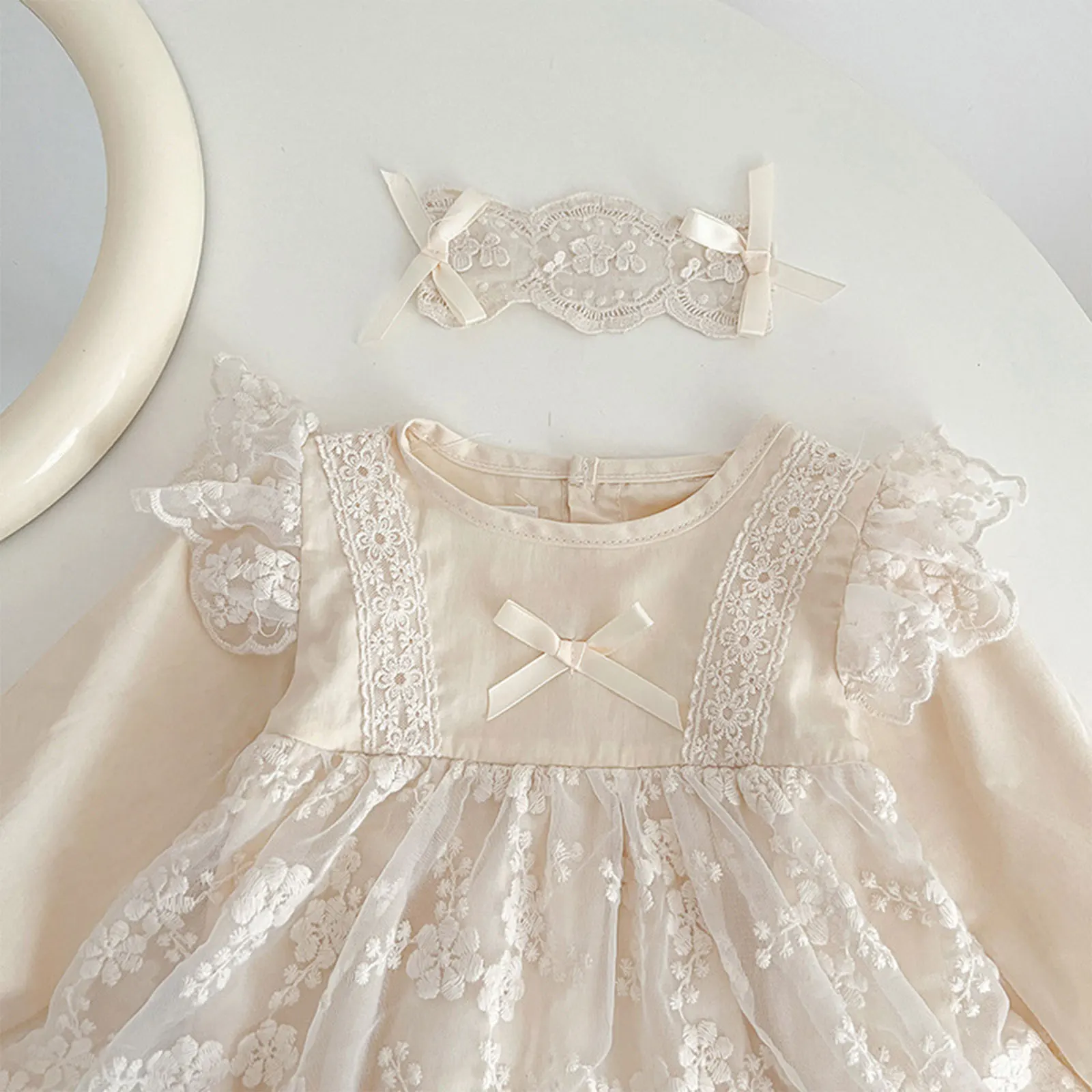 Newborn Infant Baby Girls Clothes Long Sleeve Lace Flower Embroidery Romper Dress Toddler Bodysuit with Headband Casual Wear