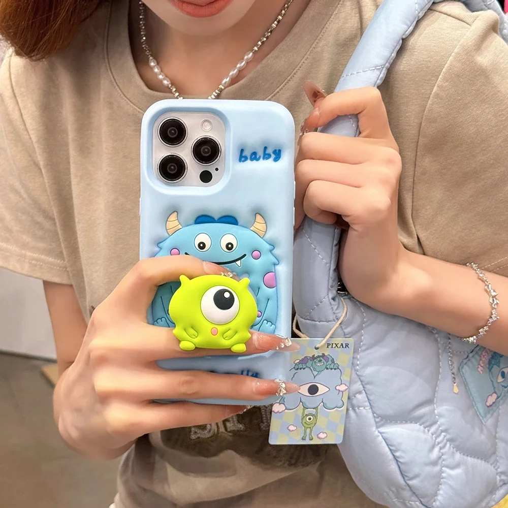 Cute Cartoon Monsters University with Bracket Phone Case for IPhone 16 15 14 13 12 11 Pro Max Plus Soft Silicone Back Cover Gift