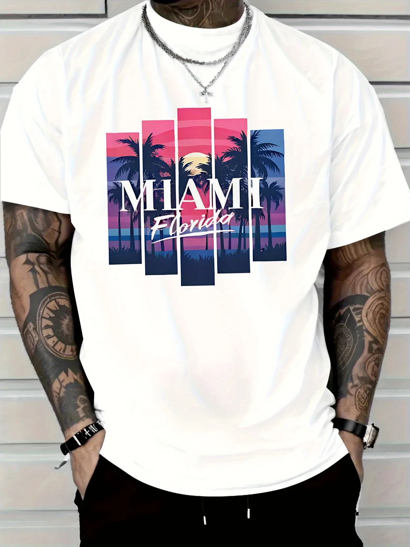 

Men's 180g 100% Cotton Casual T-Shirt - Miami Florida Graphic Print with Palm Trees & Sunset, Round Neck Short Sleeve