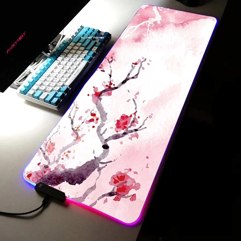 Sakura RGB Gaming Mouse Pad Cherry Large Home Mousepad Gamer Office Natural Rubber XXL Mouse Mat LED Light Gaming Mouse Pad