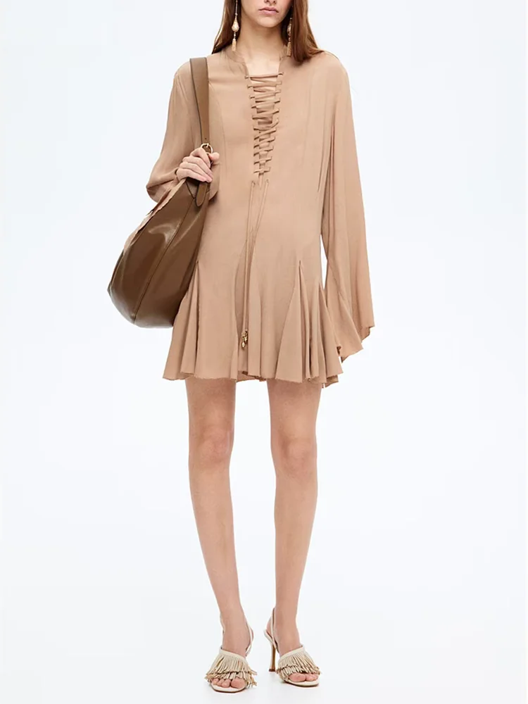 Ele printemps 2025 femme Dr avec cloche Sves et Sa décoration nouveauté robe en couleur Pure avec jupe V-Ne ort