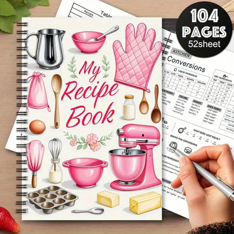 1 Cuaderno de recetas Un planificador de cocina con bonitos patrones de cocina y diario de comida de color pastel para cocineros caseros y planificadores de comidas