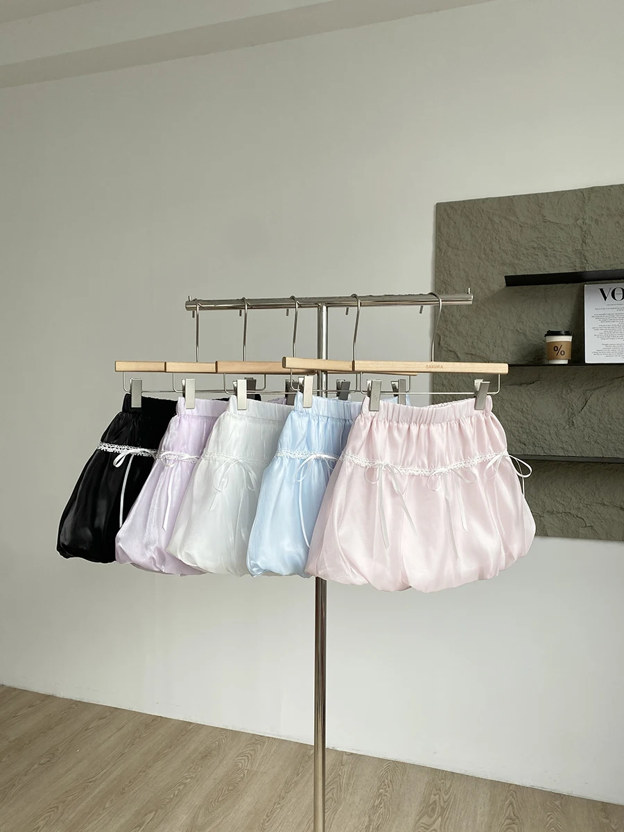 ผู้หญิงฤดูร้อนหวาน Bowknot Glossy Gauze Bud กระโปรงเลดี้น่ารักน่ารักสูงเอว Line Puffy กระโปรงสั้น