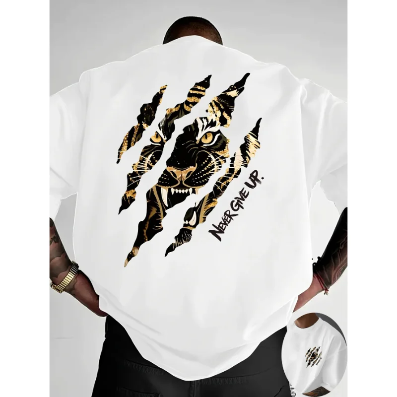 Men Tiger Graphic T-shirt Unisex O Neck Short Sleeve Tee Never Give Up Slogan Summer Casual Streetwear Oversized Cotton Tops