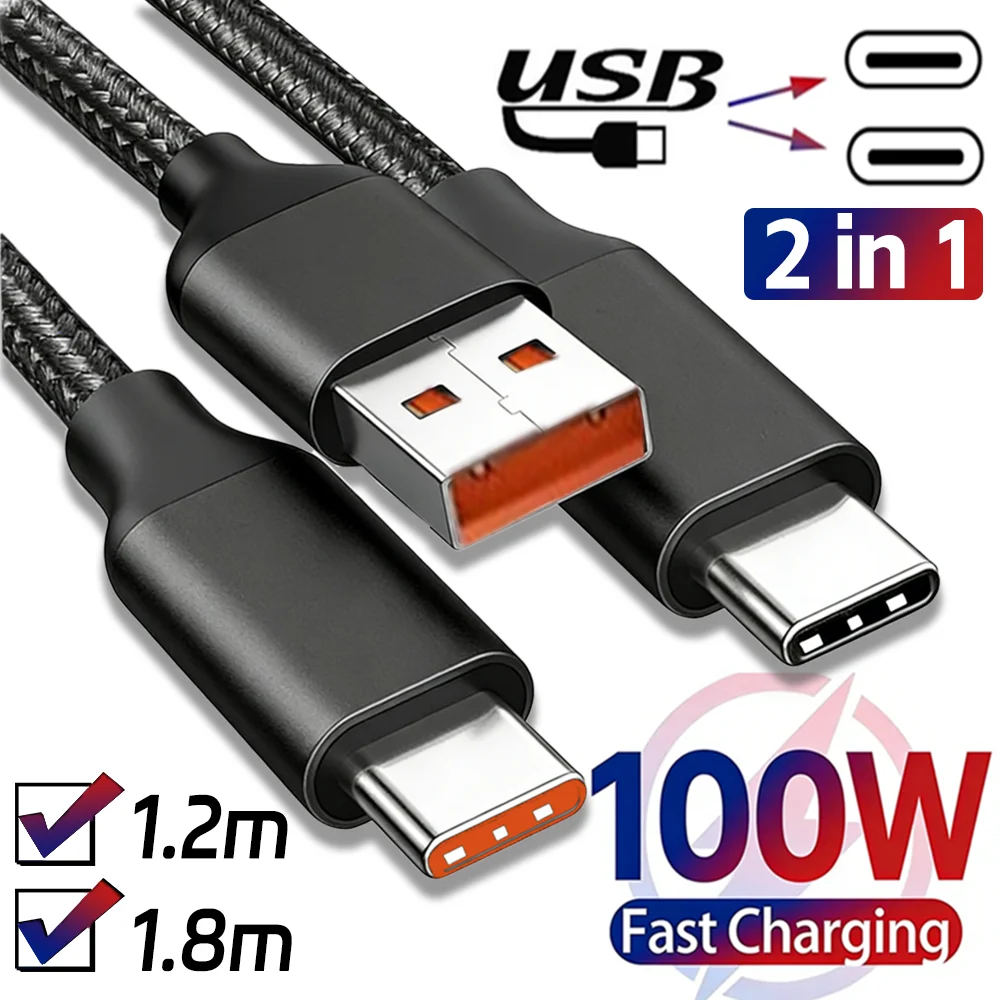 

1-2PCS 100W Super Fast Charging Cable USB A To Type-C Data Splitter Extension Y Cables for IPhone Samsung Xiaomi Google Laptop