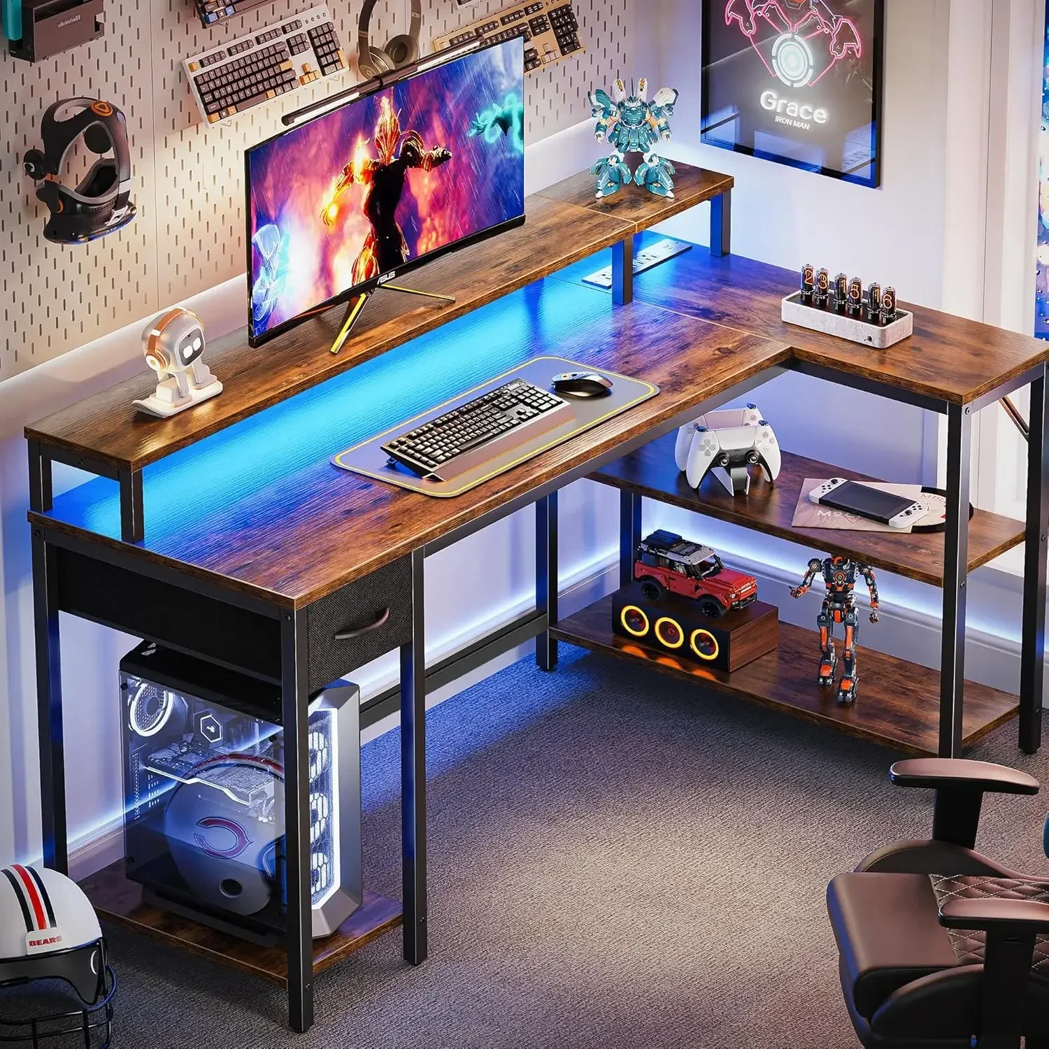 53 inch Reversible L Shaped Desk with LED Lights & Power Outlets, Computer Desk with Shelves & Monitor Stand, Gaming Desk