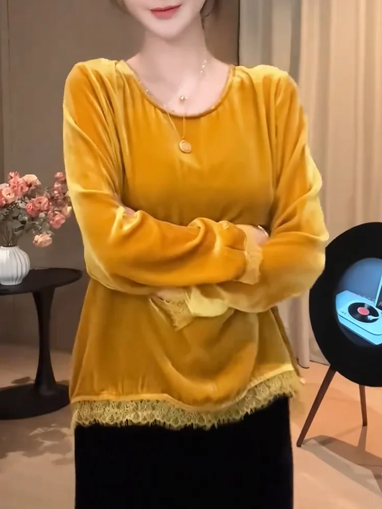 

Женский велюровый кружевной топ больших размеров, модный, стройнящий, во французском стиле, с круглым вырезом, с дизайнерскими вставками, осенняя новинка