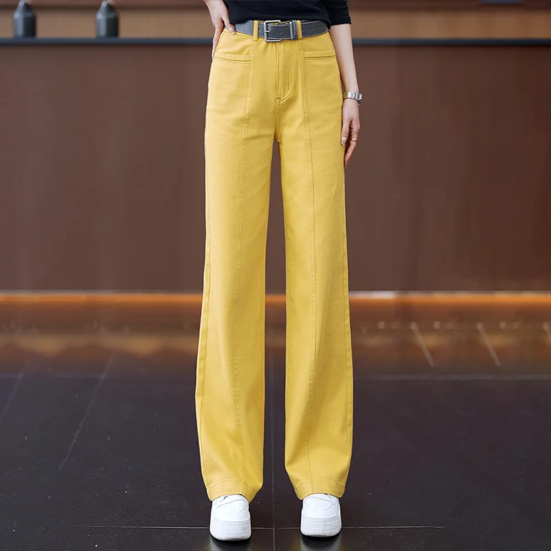 جينز أصفر ضيق واسع الساق للنساء، سروال طويل مستقيم فضفاض عالي الخصر للتخسيس متعدد الاستخدامات للربيع والخريف #1