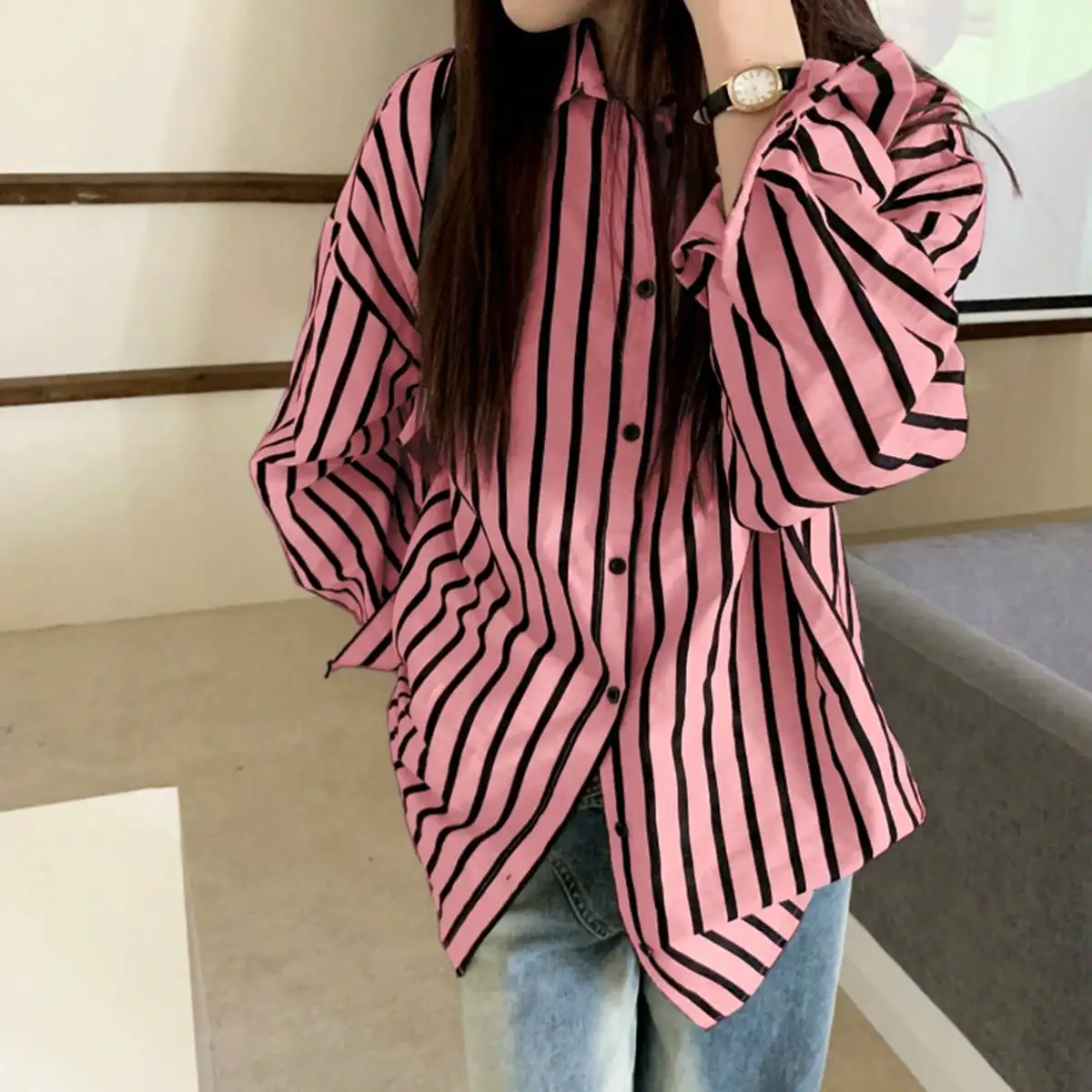 

Korean Chic Stripesd Shirt Design Niche New Hong Kong Style Retro Loose Slimming Look Mid-Length Long-Sleeved Shirt