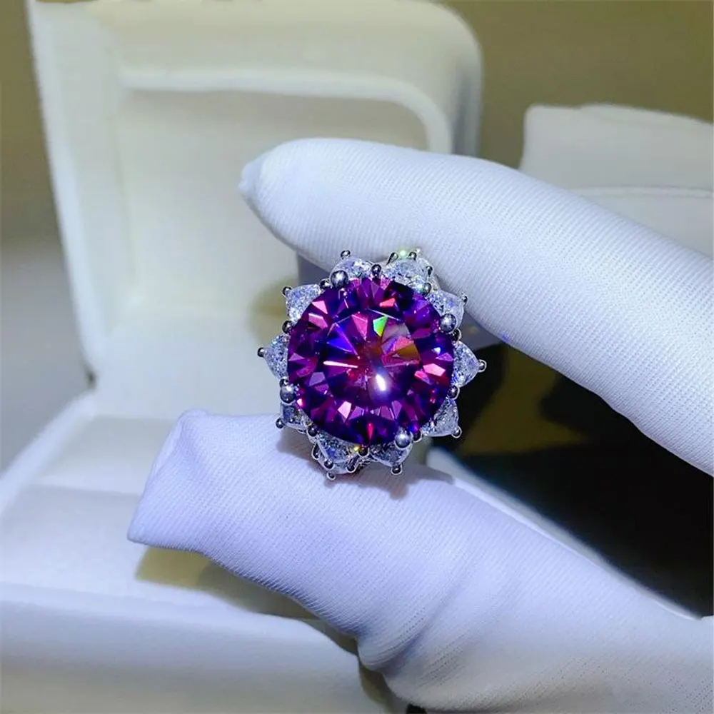 925 Sterling Silver 3 Carat Purple Moissanite Ring Sunflower Engagement for Women Elegant and Romantic Holiday Birthday Gift