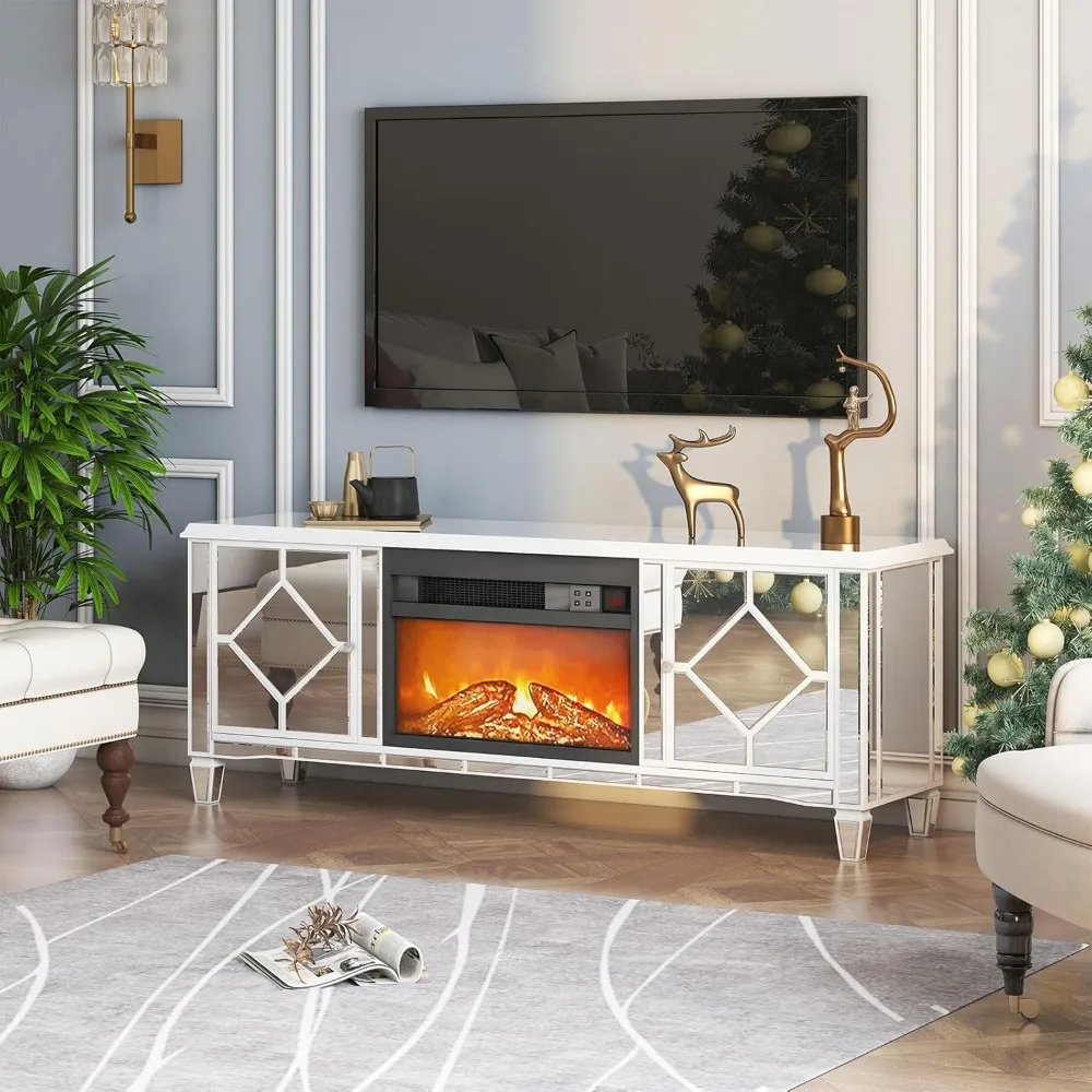 Electric Fireplace TV Stand,  with 7 Colors Changing 3D Realistic Flame, Entertainment Center with 2 Storage Cabinets