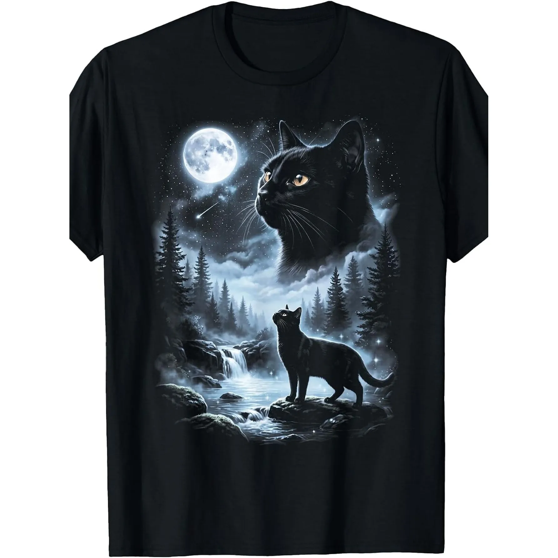 Gothic Black Cat Moon Pine Tree Stream Wildlife Graphic Tee Streetwear Tee Tops 100% Cotton Slim Fit Tshirts Merch