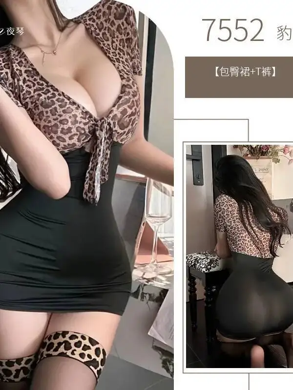 เซ็กซี่ลึก V คอแน่นเสือดาวพิมพ์ผ้าพันคอ Splicing Bodycon Dress Elegant Pure Desire สําหรับผู้หญิงเซ็กซี่ T เสื้อ VC1B