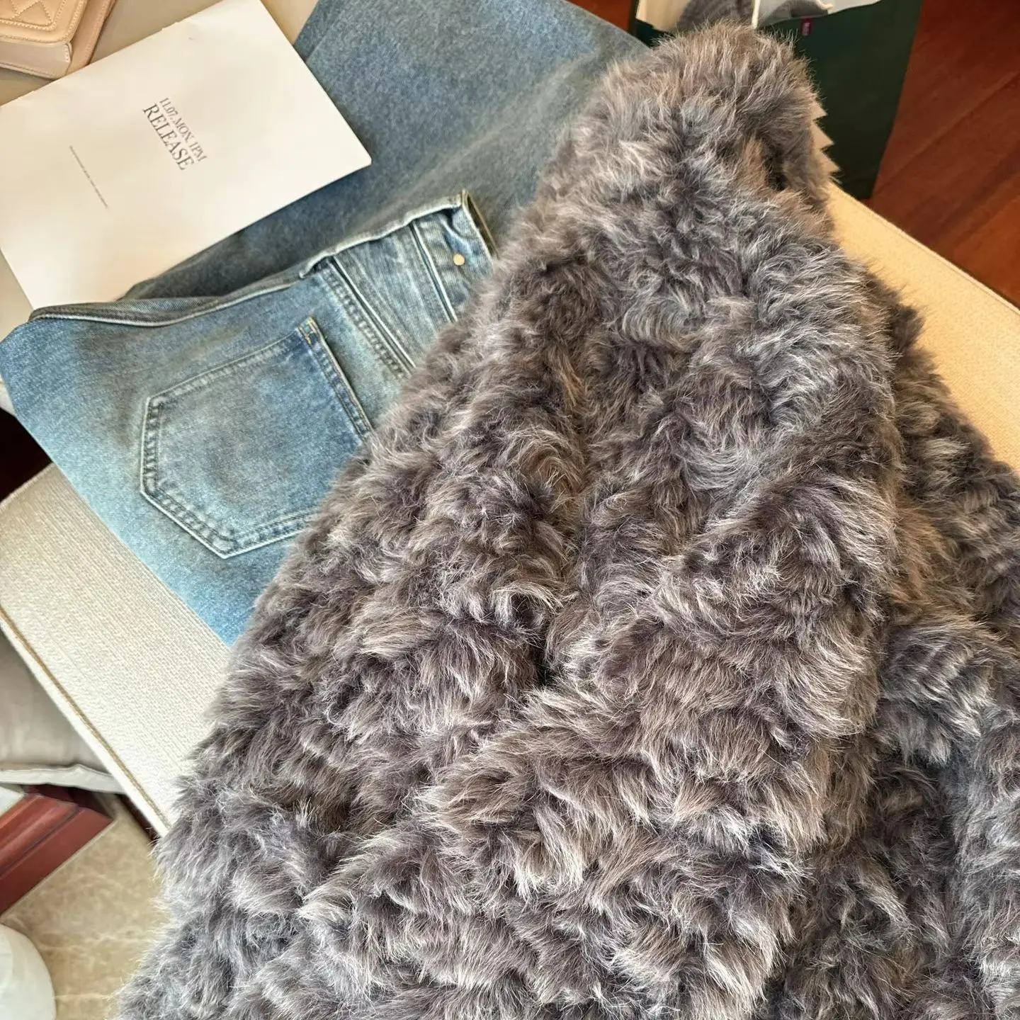 Winter Women Gray Tie Dye Gradual Hairy Curly Faux Sheep Fur Coat Lapel Collar Loose Warm Shaggy Jacket Pockets Korea Outerwear