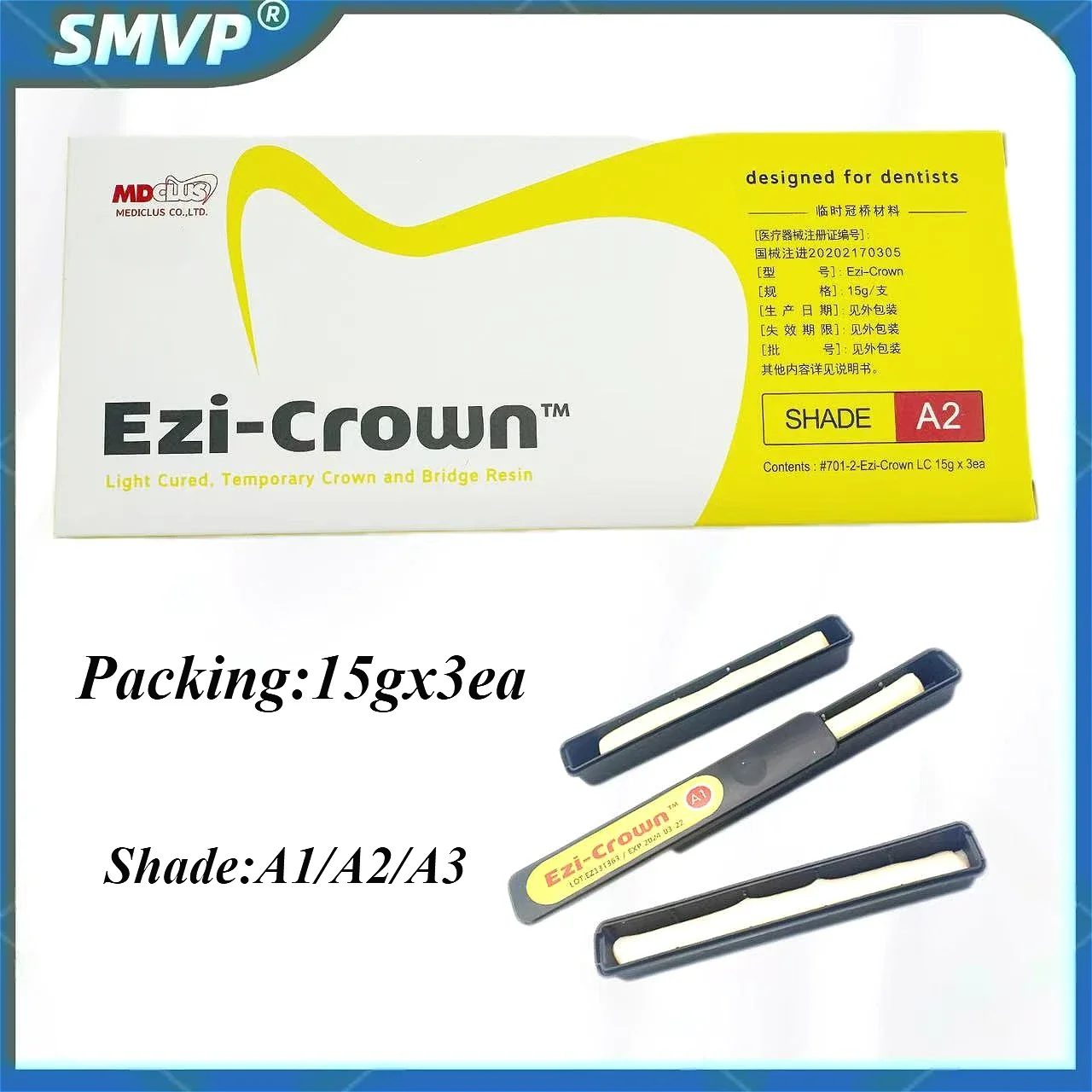 Dental A1/A2/A3/1PC Temporary Crown and Bridge Resin Material Ezi Crown Light Cure Temp Inlay Relining  Dentistry Products