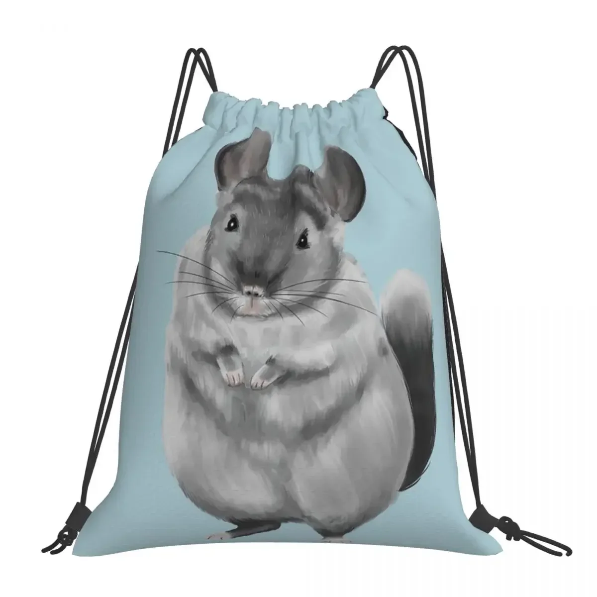 Grey Chinchilla - Light Blue Backpacks Portable Drawstring Bags Drawstring Bundle Pocket Storage Bag BookBag For Travel Students