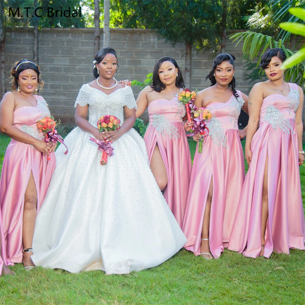 Lovely Long Pink African Bridesmaid Dresses Stunning Silver Appliques One Shoulder A Line Satin Maid Of Honor Gowns Custom Made