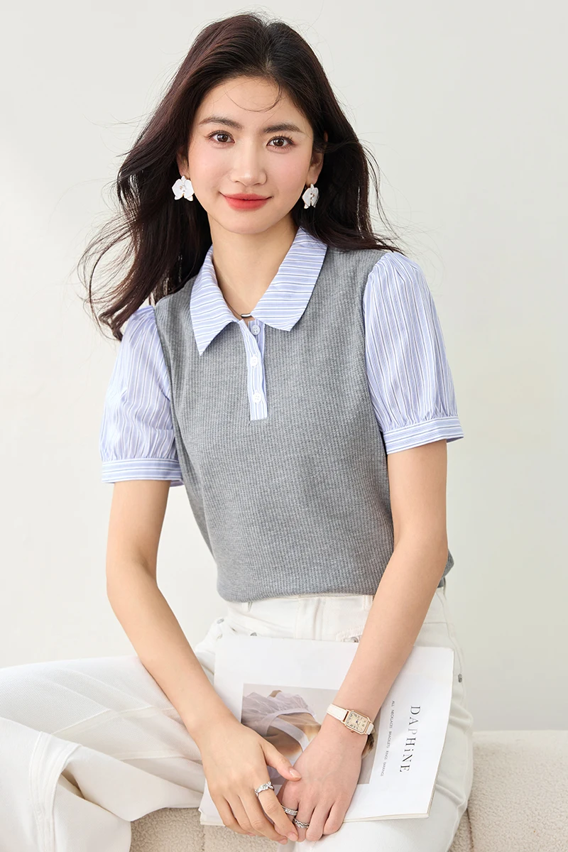 Summer Preppy Style Color-block Striped Polo Collar Short Sleeve T-shirt Women's Slouchy Loose Casual Versatile Shirt