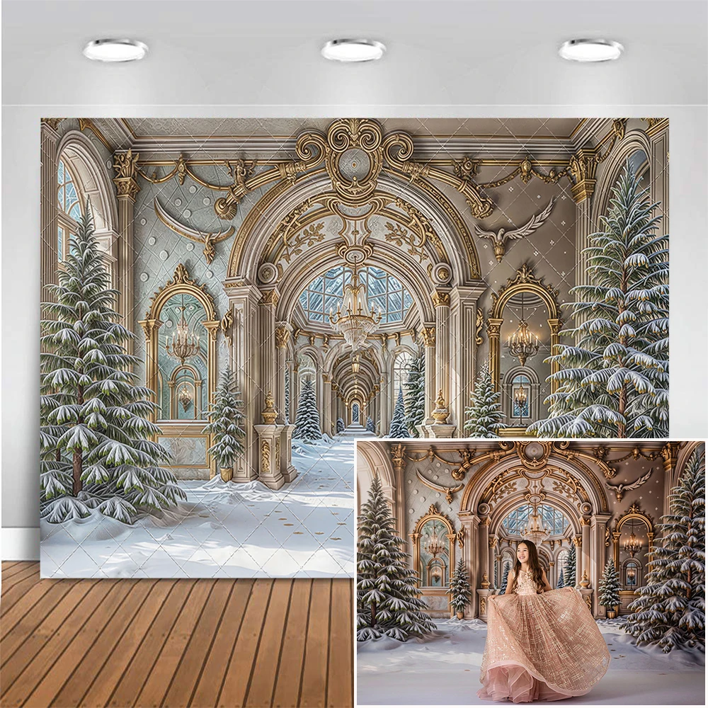 

Golden Enchanted Palace Hall Photography Backdrop Christmas Pine Snow Background Adult Kid Portrait Photocall Photo Studio Props