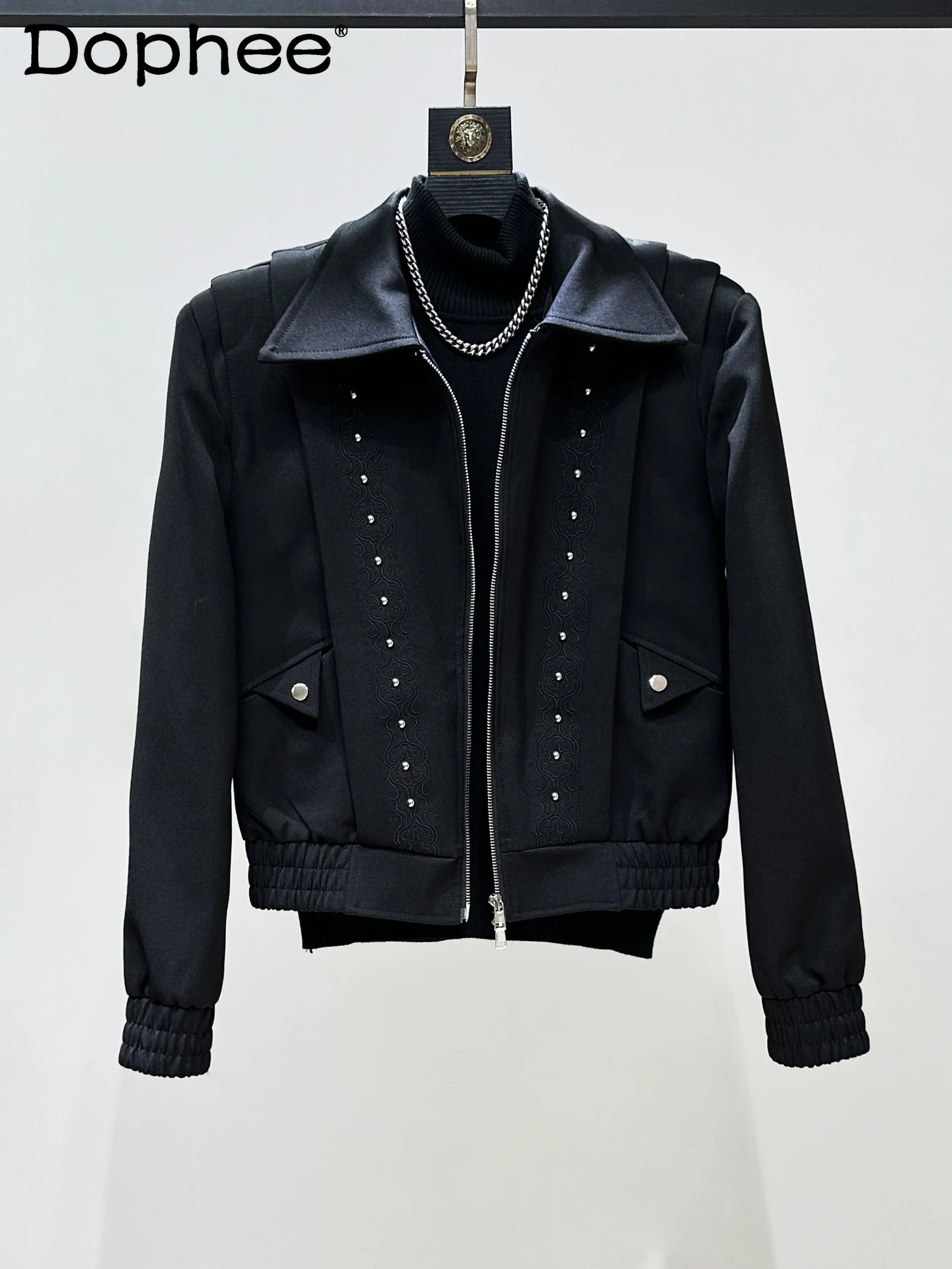 

American Style Trendy Design Rivet Embroidery Long Sleeve Turn-Down Collar Jacket Loose Casual Zipper Versatile Coat for Men