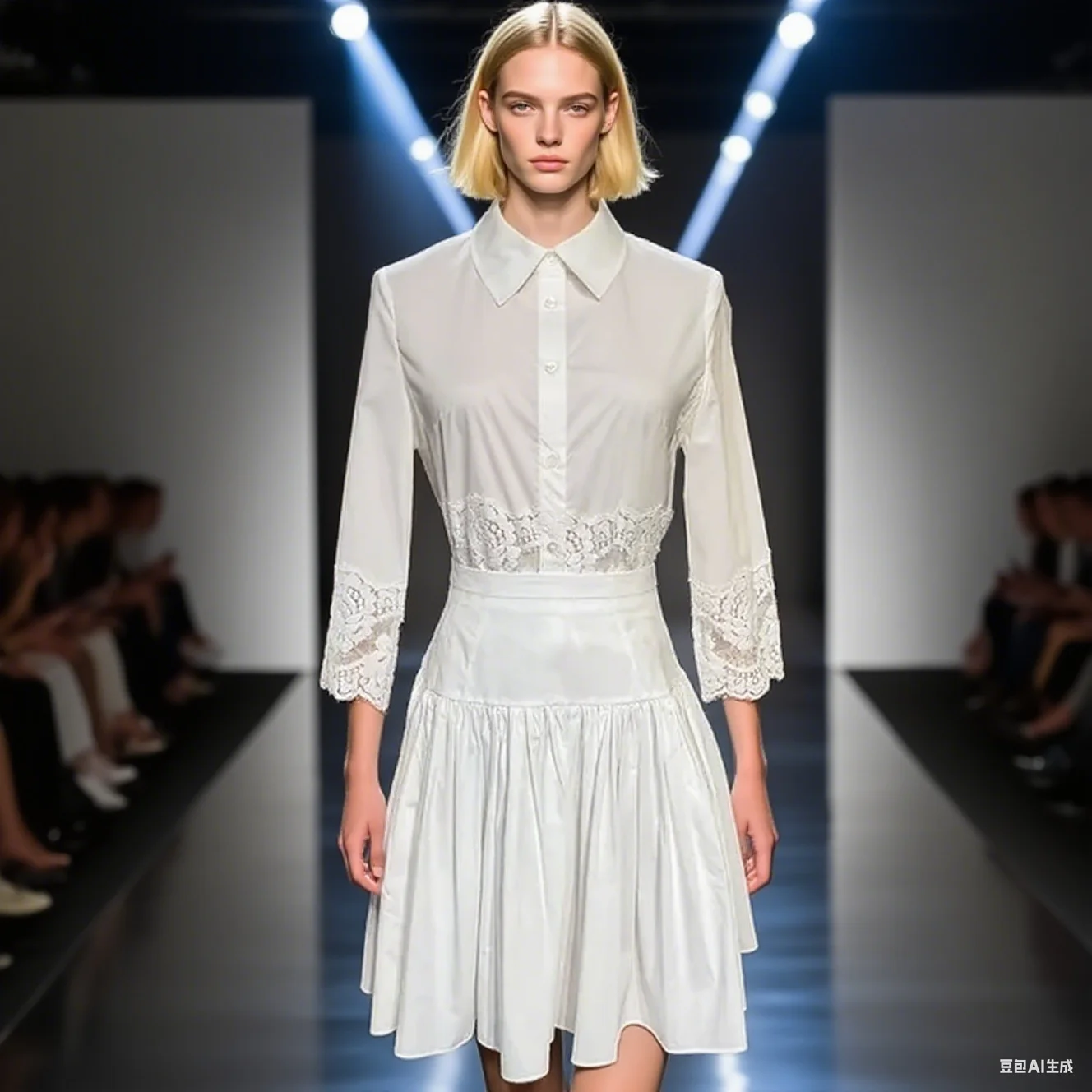 

Women's Solid Color Suit Turn-Down Collar Single-Breasted Lace Splicing Tops+Casual Short Skirt Cotton 2-piece Set