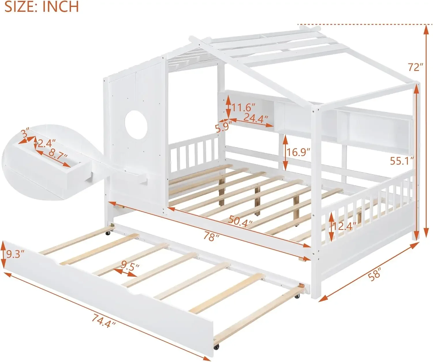 Wooden Full Size House Bed With Trundle And Storage Shelf,Modern Design Full Platform Bed Frame With Pitched Roof,White