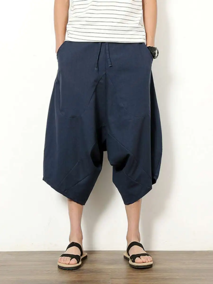 

New Summer Men's Loose Wide Leg Casual Pants Harlan Sle ort orts Ethnic Patterned Large Size Seven-Foot Loose Fit